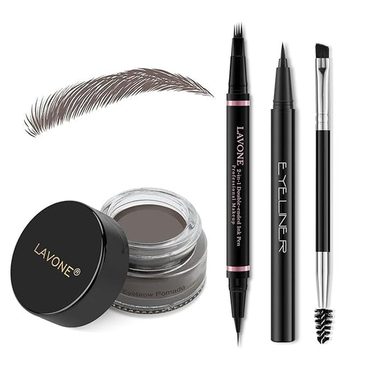 LAVONE Eyebrow Pencil Makeup Kit, with Waterproof 2-IN-1 Microblading Eyebrow Pen, Eyebrow Pomade, Eyeliner and Dual-ended Eyebrow Brush, Brow Pencil Kit for Natural Eyebrows - Ebony