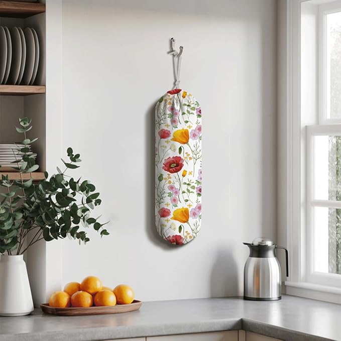 Colorful Floral Bag Holder, Grocery Bag Storage Dispenser, Reusable Trash Bags Organizer, Farmhouse Sweet Home Kitchen Decor, Housewarming Gifts for Women Friends Family