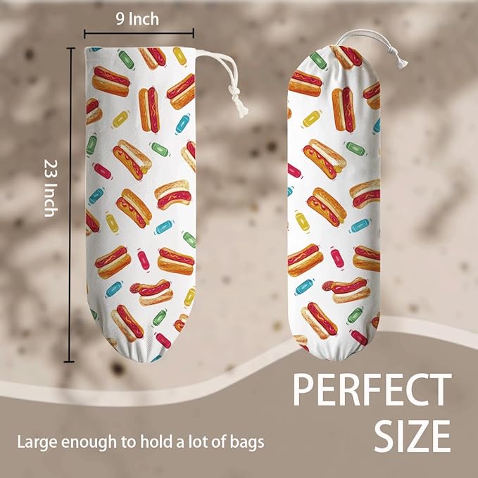 Hot Dogs Plastic Bag Holder, Reusable Hanging Grocery Bags Organizer, Fabric Garbage Trash Bag Storage Dispenser for Home Kitchen Pantry Cabinet, Wall Mount, Kitchen Housewarming Gifts