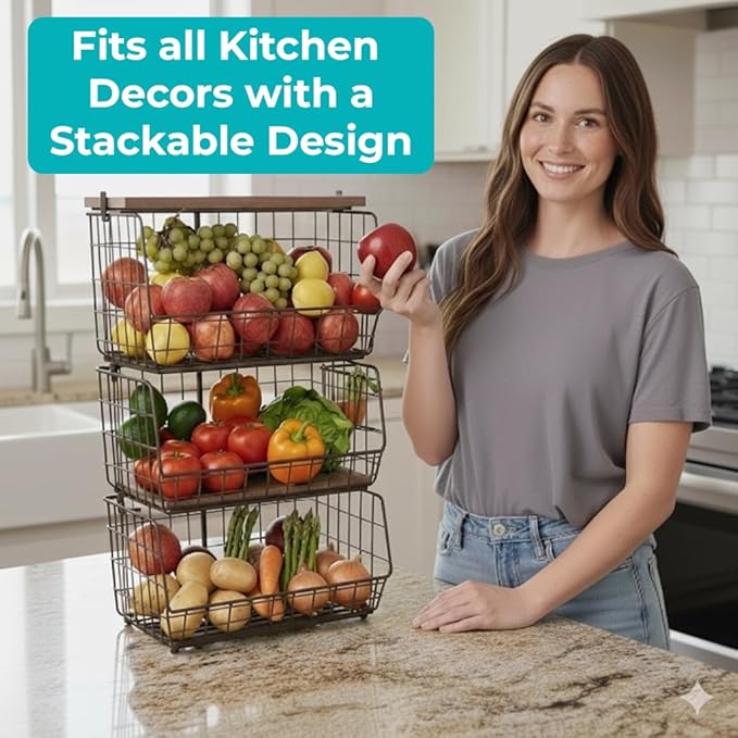 Storage Pantry Baskets – Heavy Duty Wire Bins for Kitchen, Bathroom & Laundry – Wall Mounted, Stackable Organizer for Snacks, Toiletries, Potatoes & Onions – 2 Pack Storage Set Bundle XXL