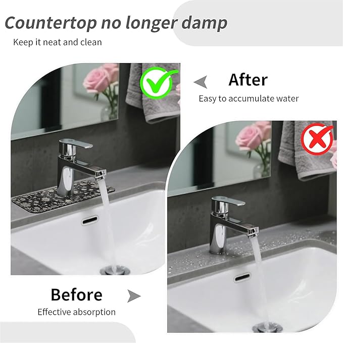 Kitchen Sink Splash Guard，Beige floral Faucet Mat Sink Gadgets-Super Absorbent Fast Drying Mat Drip Catcher for Kitchen, Bathroom,Sink Mat, Dish Drying Mat, Bathroom(15" X 5.5" )