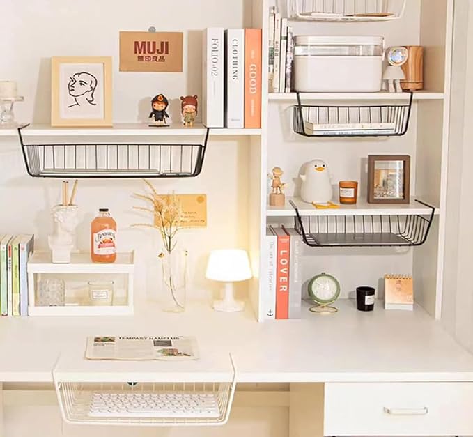 2 Pack Under Shelf Storage Basket Organizer Metal Black Hanging Wire Shelves for Kitchen Cabinet Cupboard Pantry Bookshelf