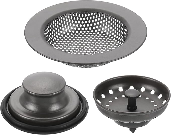 uxcell 3 Pcs Kitchen Sink Drain Strainer Gray, Stainless Steel Kitchen Sink Strainer and Stopper, Anti-Clogging Basket with Handle, for Most Kitchen Sink Strainer Replacement