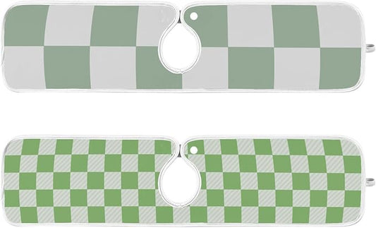 2 PCS Kitchen Sink Splash Guard 23.6 Inch Faucet Mat for Kitchen Sink Bathroom Sink Faucet Absorbing Drip Drain Mat Pad Microfiber Soft Washable Checkered Green and White