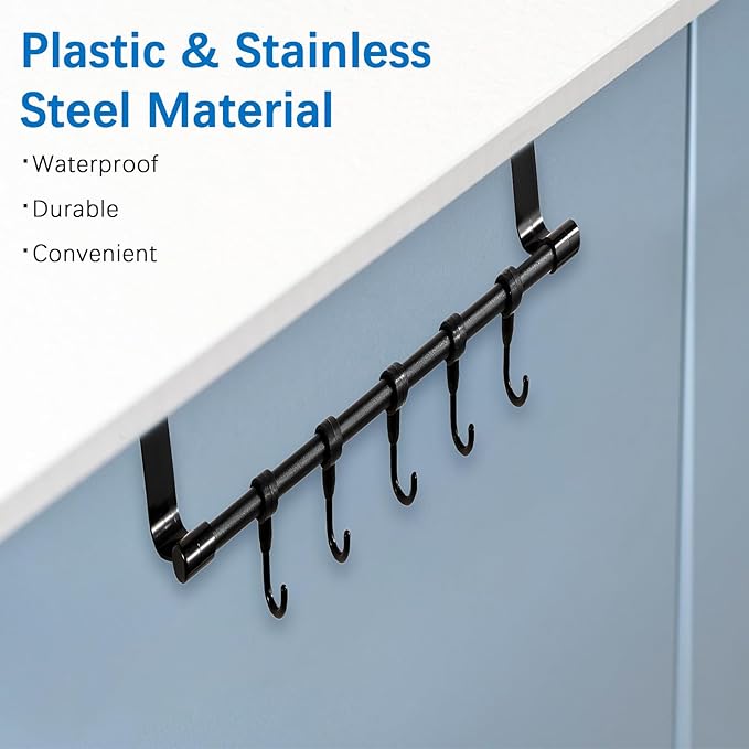 2Sets Towel Holder, Over The Cabinet Door Towel Rack with Hooks, No-Installation Organizer for Kitchen Towels and Utensils on Bathroom Pantry Doors (Black)