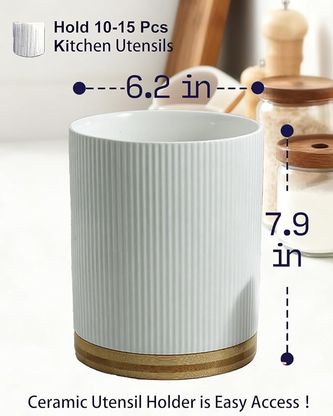 Utensil Holder 360°Rotating for Kitchen Countertop, 7.9'' Ceramic Large Cooking Utensil Crock with wododen for Counter Decor,Morden Utensil Organizer for Spatula, White