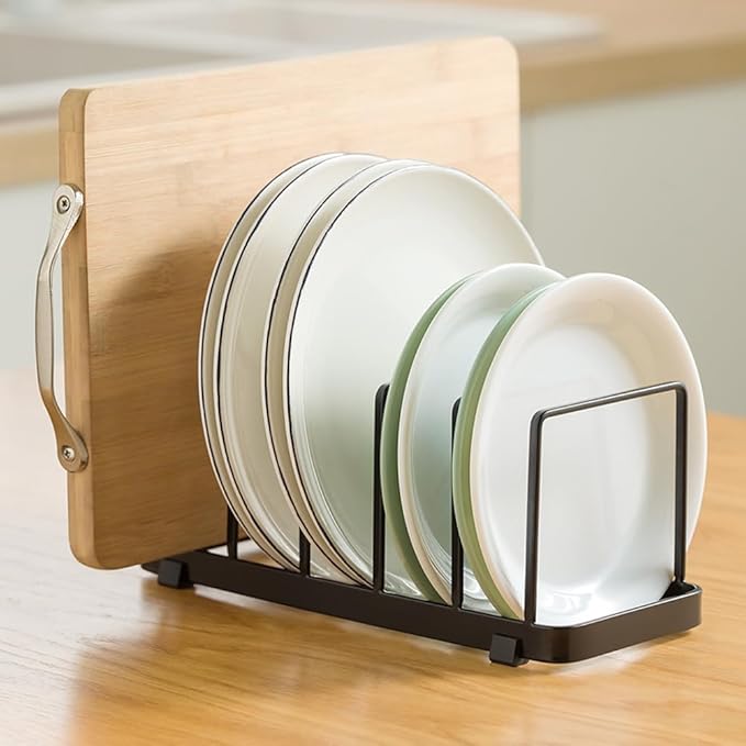Plate Home Accented Storage Rack, Metal Dish Rack, Plate and Bowl Organizer for Kitchen Cabinets (Black)