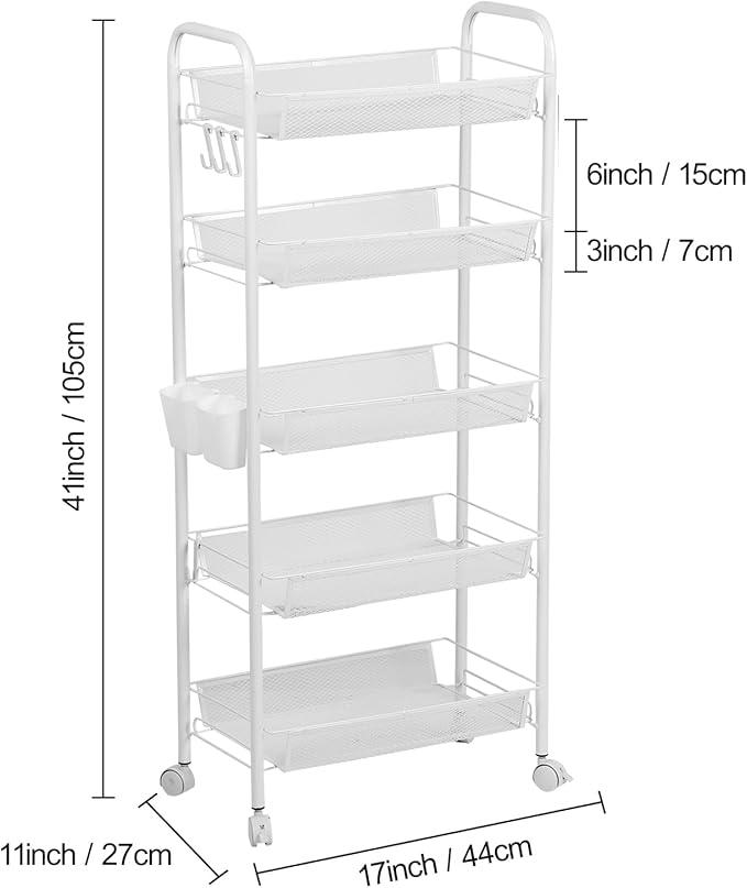 5-Tier Slim Rolling Cart with Wheels, Stackable Narrow Storage Trolley, Mesh Basket Kitchen Utility Cart, Fruit Vegetable Organiser for Pantry, Laundry, Bathroom, Easy Assembly White