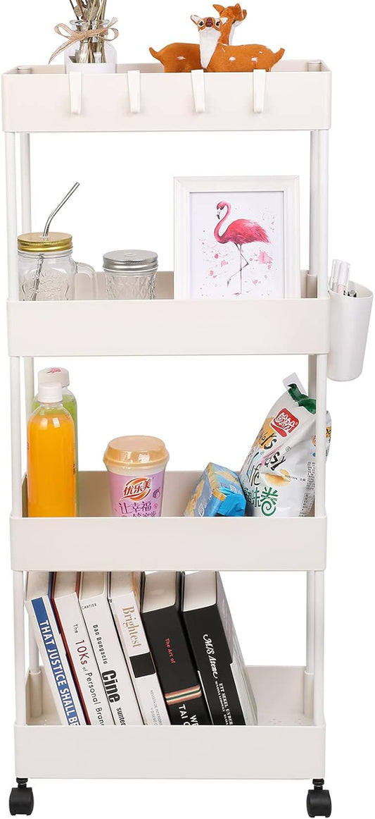 4 Tier Slim Rolling Utility Kitchen Cart Bathroom Organizer for Narrow Places Multipurpose Storage Shelve Mobile Trolley for Bedroom Laundry Office Restaurant Garage Pantry (White)