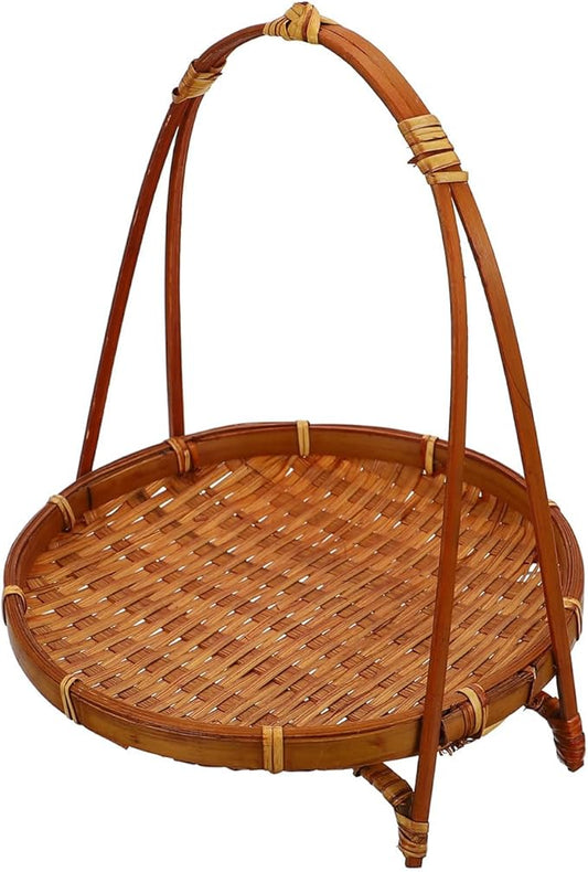 Woven Bamboo Basket Snack Stand Fruit Dessert Tray Organizer with Handle for Kitchen Countertop Storage and Home Party Display