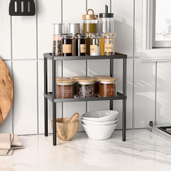 PEKER Cabinet Organizer Shelf, 2 Tier Kitchen Cabinet Organizer with Stackable Cabinet Shelves for Kitchen Countertop Storage, Metal Kitchen Shelf Organizer for Spice, Pantry & Under Sink