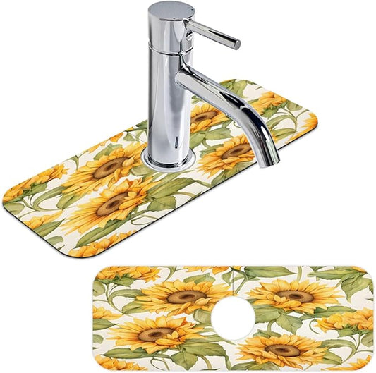 Sunflower Field Kitchen Faucet Mat Splash Guard, 15.4”x5.7” Absorbent Quick Drying Sink Mat for Countertop Protection, Draining Mat Sink Protectors For Kitchen Bathroom, 1 Pack