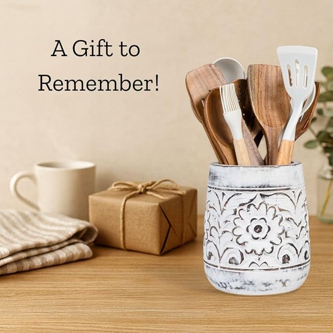 Mie Creations Farmhouse 7'' Large Utensil Holder for Kitchen Counter, Handcarved Wooden Utensils Crock | Decorative Floral Vintage Utensil Holder, Shabby Chic Cooking Organizer - Distressed White