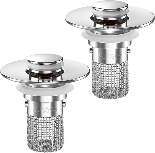 Sink Stopper Hair Catcher,(2PCS) Pop-up Sink Drain Strainer with Removable Stainless Steel Strainer Basket Hair Catcher, Bathroom Sink Strainer for Bathroom Sink Stopper Replacement