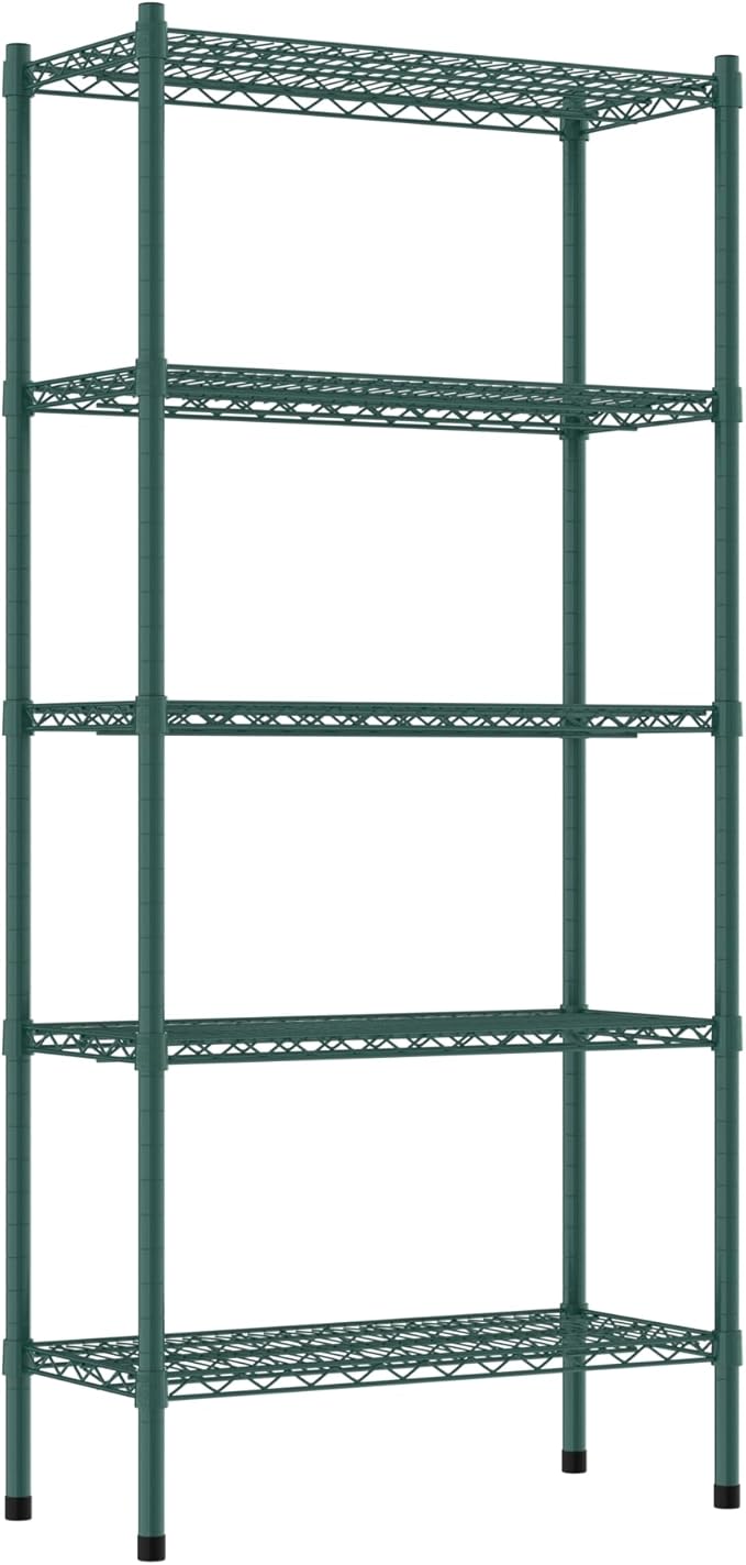 Commercial NSF Listed Green Epoxy Stationary Wire Shelving Kit 14" x 30" x 64", with 5 Shelves Perfect for Warehouse, Walk-in Refrigerator, Freezer, Grocery Store, Restaurant, Dishroom
