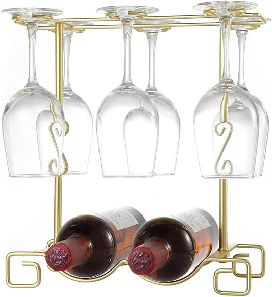 Homya Wine Glass Holder, Freestanding Table Top Goblets Metal Storage Rack for 2 Bottles with 6 Hooks Kitchen Glass Accessories, Gold