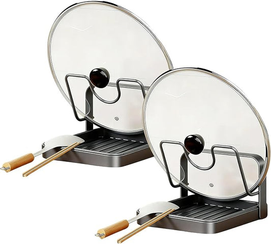 Kitchen Pot Lid Storage Rack & Spoon Rest – Heavy-duty Pot Lid Holder While Cooking with Removable Drip Tray,Multifunctional Countertop Storage Stand for Pots And Pans,Space-Saving Lid Rack-2PCS
