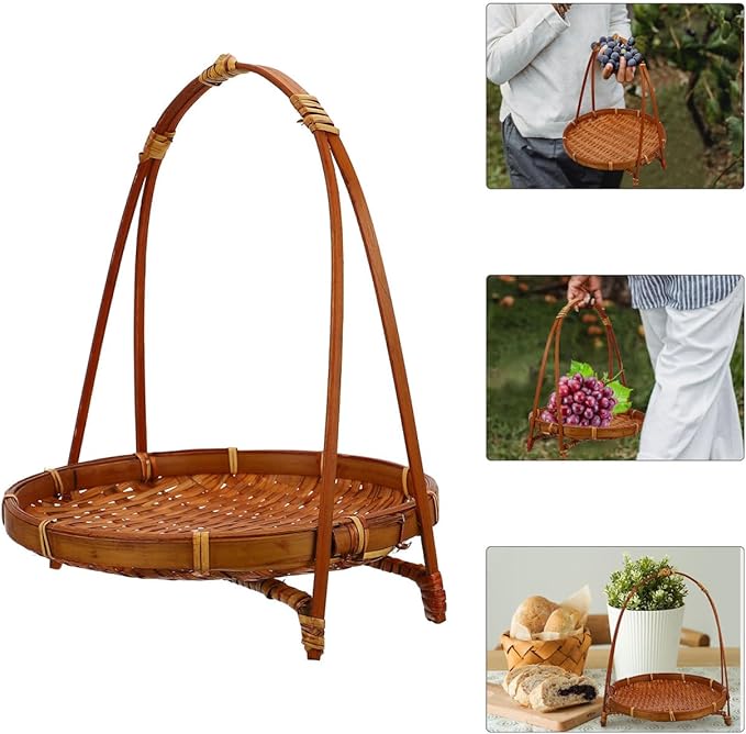 Woven Bamboo Basket Snack Stand Fruit Dessert Tray Organizer with Handle for Kitchen Countertop Storage and Home Party Display