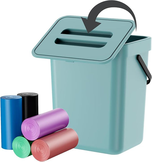 Compost Bin Kitchen, Includes 100 Trash Bags, Hanging Trash Can with Lid, Features Pet-Proof, Odor-Proof, and Quiet Opening/Closing. Suitable for Bathrooms/Bedrooms/Offices (Blue, 1.3 Gal/5 L)