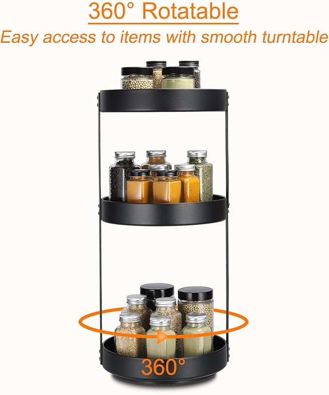 uxcell 3 Tier Lazy Susan Turntable, 10inch Metal Spice Rack Organizer for Kitchen Countertop Vertical Storage Rack Self Black