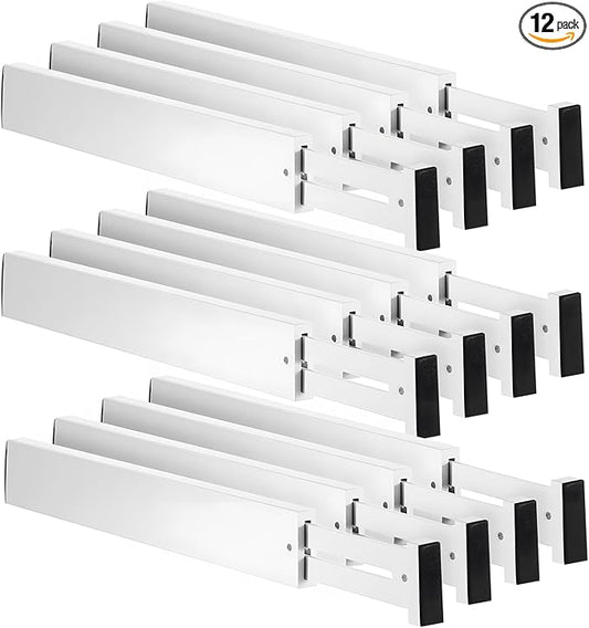 Sawysine 12 Pcs Bamboo Drawer Dividers Adjustable Drawer Organizers Spring Separators Organization Expandable Organizers for Kitchen Bedroom Bathroom Dresser Office (White Color, 22 x 2.4 Inches)