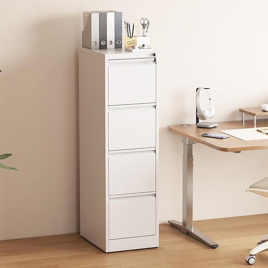 4 Drawer File Cabinet with Lock, Vertical Filing Cabinets for Home Office, Metal Storage Cabinets, Heavy Duty File Cabinet for Letter/Legal/A4/F4 Size Amsseble Required, White