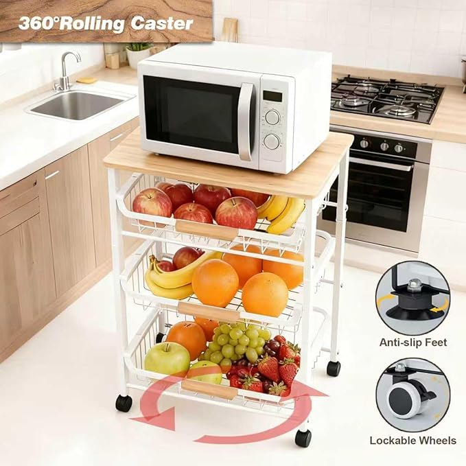 4-Tier Fruit Basket for Kitchen Counter Utility Organizer Carts on Wheels&Wood Top with Storage, Rolling Kitchen Cart for Pantry, Living Room (White)