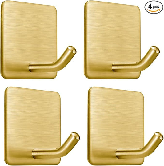 FOTYRIG Golden Stainless Steel Square Self Adhesive Hooks - Extra-Long Anti-Slip with Upgraded Adhesive, Holds 15lb Heavy Duty Wall Hooks for Kitchen, Bathroom, Garage -4 Packs