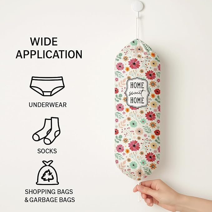 Plastic Bag Holder, Home Sweet Home Plastic Bag Holder for Kitchen Essentials, Bags Holders for Plastics Bags Groceries Store, Floral Reusable Grocery Sack Storage Dispenser to Kitchen Decor