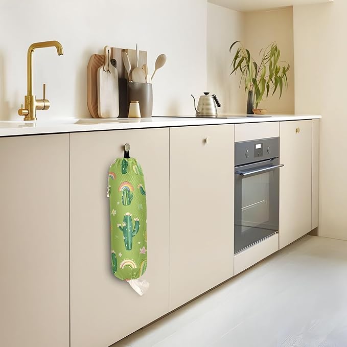 Plastic Bag Holder Wall Mount Grocery Bag Shopping Bag Storage Holder Organizer Dispenser with Adhesive Hook,for Kitchen Bathroom Home Decor 9x22 Inches Cacti and Rainbows Floral Green07