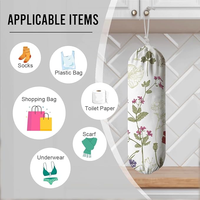 Spring Summer Garbage Bag, Wall Mount Flower Trash Bags Organizer, Kitchen Pantry Hanging Decor, Kitchen Housewarming Gifts for Women Family Friends Grandma Mom