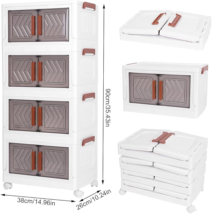 ETOYA 4-Tier Stackable Storage Bins with Lids & Wheels - 14.96"x10.24"x35.43" Collapsible Organizer Foldable Container, Plastic Storage Containers for Living Room, Office, Dorm Organization