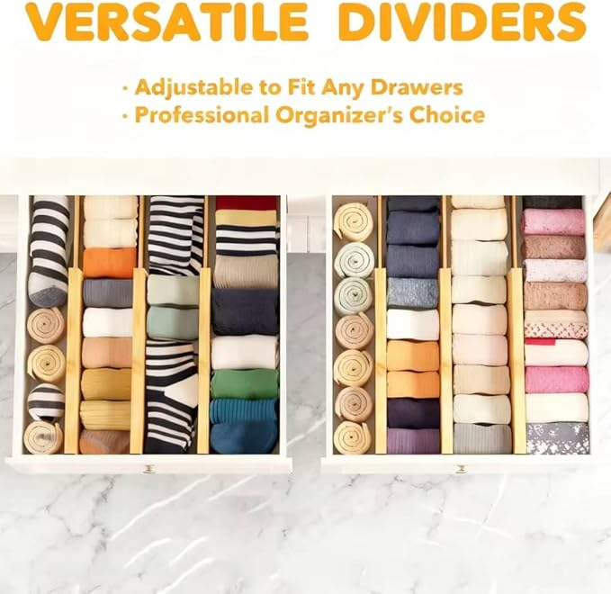 Bamboo Drawer Dividers – Adjustable Expandable Drawer Organizer, 6-Pack Bamboo Separators for Kitchen, Dresser, Clothes, Utensils & Home Organization