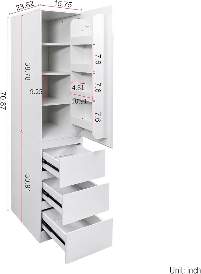 Tall Narrow Kitchen Pantry Cabinet with Drawers and Door Racks, 23.6 Inch Deep White Food Storage Cupboard for Kitchen, Deep Narrow Pantry Cabinet for Small Spaces