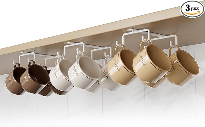 ECROCY Mug Hooks Under Cabinet Space-Saving, Easy Screw Mounting, Metal Coffee Cup Hooks 3 Pack(White)