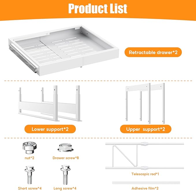 2-Tier Expandable Pull Out Cabinet Organizer, 16.9" Deep Heavy-Duty Slide Rail Slide Out Drawer Organizers with Adhesive Nano Film for Pots, Roll out Shelf Storage for Kitchen & Pantry Storage,White