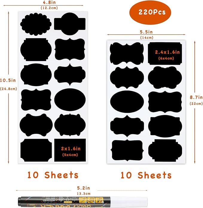 220 Pcs Waterproof Chalkboard Labels，2 Sizes with 1 White Chalk Marker, Reusable Label for Pantry, Jars, Storage Bin, Food Container, Jars, Containers