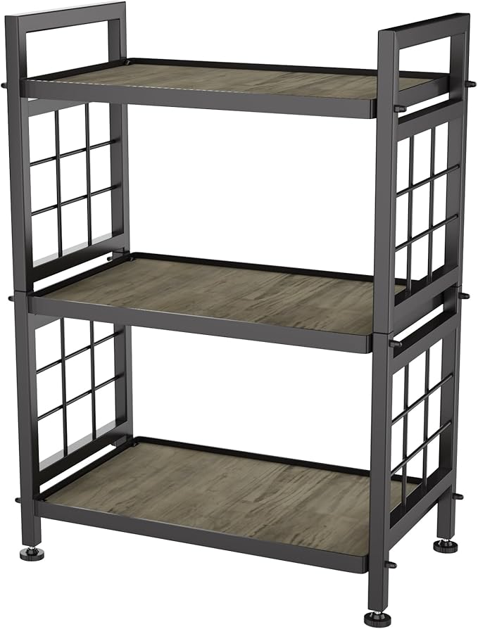 GIOTORENT 3-Tier Pantry Shelves with Wooden Boards, Heavy Duty Storage Shelves & Book Shelf, Adjustable Metal Shelving Unit for Kitchen Bathroom Laundry Organizer, Sturdy Rust-Resistant, Black