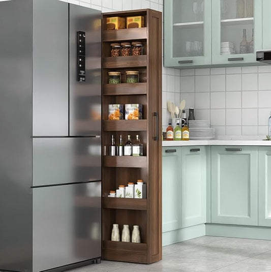 7 Tier Slim Storage Cart, Rolling Spice Rack Next to Fridge Slim, Narrow Storage Cabinet, Wood Storage Organizer with Handle Wheels for Kitchen, Dining Room (7 Tier - Walnut)