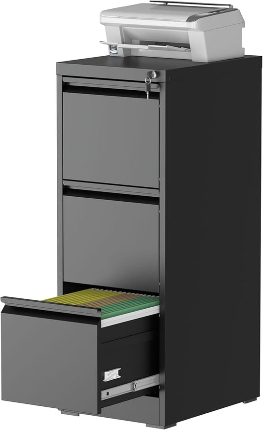3 Drawer Vertical File Cabinet with Lock, Metal Filing Cabinets for Home Office, Heavy Duty File Storage Cabinet for Legal/Letter/A4 Documents, Easy to Assemble, Black