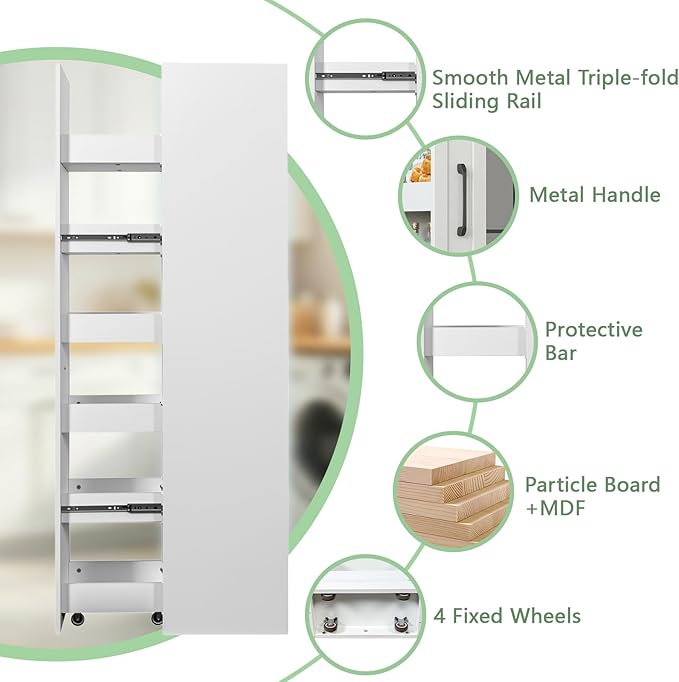 6-Tier Slim Rolling Cart - White Wooden Spice Rack on Wheels - Mobile Storage Shelving Unit for Kitchen, Bathroom & Laundry - Narrow Pull-Out Pantry Organizer for Small Spaces & Next to Fridge
