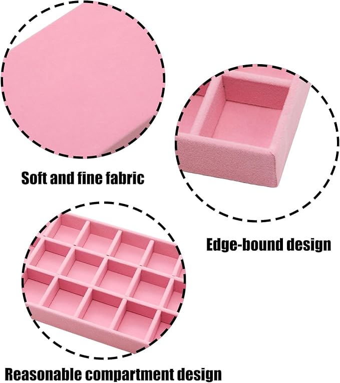 Velvet Jewelry Organizer Trays Pink Stackable Jewelry Storage Display Tray with Removable Dividers, 18 Grids