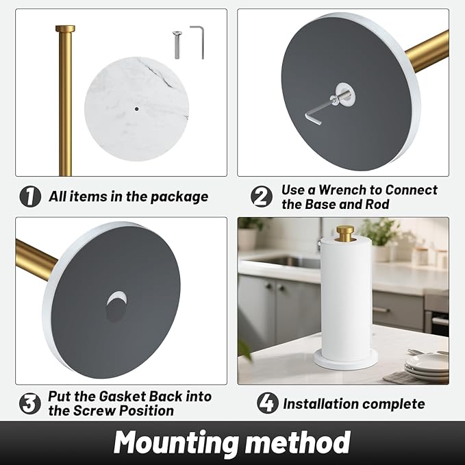 VEHHE Marble Paper Towel Holder for Kitchen Countertop, Standing Paper Towel Stand with Weighted Base & EVA Non-Slip Pad, for Bathroom or Kitchen (Gold)