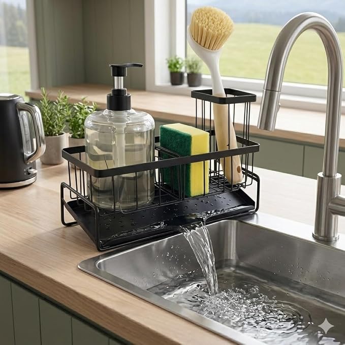 Black Sponge Holder, Kitchen Sink Caddy Organizer, Rustproof with Drip Tray for Soap Dispenser, Brushes & Sponges, Countertop Sponge Dock with Drain Pan