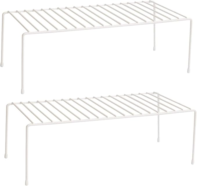 Lonian Kitchen Cupboard Organiser, Home and Kitchen Storage Shelf Wire Rack Made of Metal for Kitchen Cabinets, Counter-Tops, Pantries, Food and Utensils - White (Pack of 2)