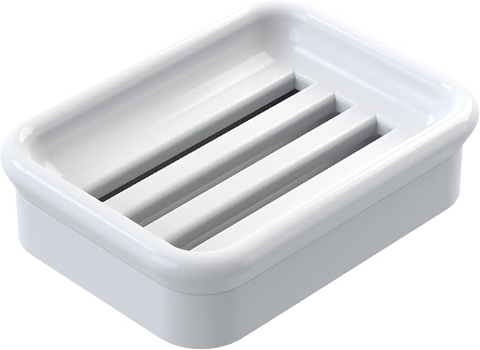 2-Piece Composite Granite Soap Dish for Shower - Elegant Stone-Look Bar Soap Holder with Strainer - Durable & Non-Porous Soap Tray for Bathroom and Kitchen Sink, Easy Clean (White)