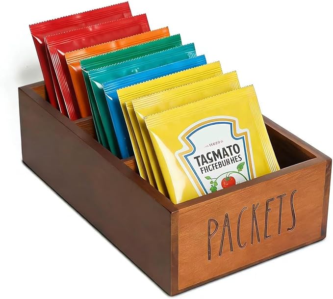 Packet Organizer, Acacia Wood Packet Storage Organizer with 3 Compartments,Farmhouse Kitchen Organization for Spice, Gravy, Taco, and Dressings Packets for Kitchen (Brown Label PACKETS)