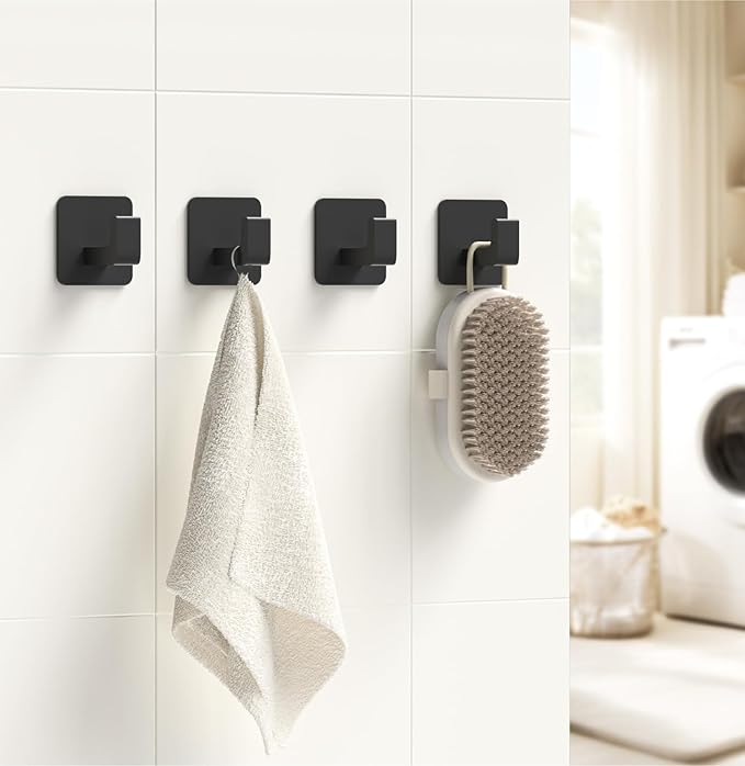 GWAAZXGZ Square Self Adhesive Towel Hooks - 6 Pack Matte Black Metal Hooks, Right-Angle Design for Towels, Robes & Hats, Organize Bathroom, Kitchen, Entryway, Doors, Cabinets on Smooth Surfaces