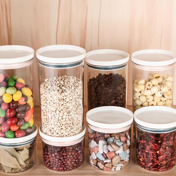 Plastic Food Storage Jars Set 4pcs (250ml 350ml) Airtight Sealed Containers with Lid for Kitchen Pantry Organization, Sturdy Plastic Pot Containers for Cereals Beans Storage