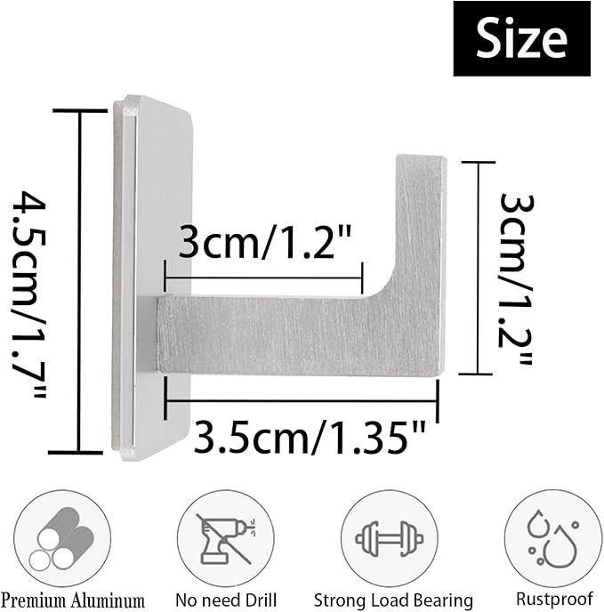 Vanloory Bath Towel Hooks,10 Pack Self Adhesive Square Coat Hooks, Sturdy No Drilling Robe Hook, Heavy Duty Aluminum Clothes Hanger, Wall Hooks for Bathroom Bedroom Kitchen (2 in, Silver)